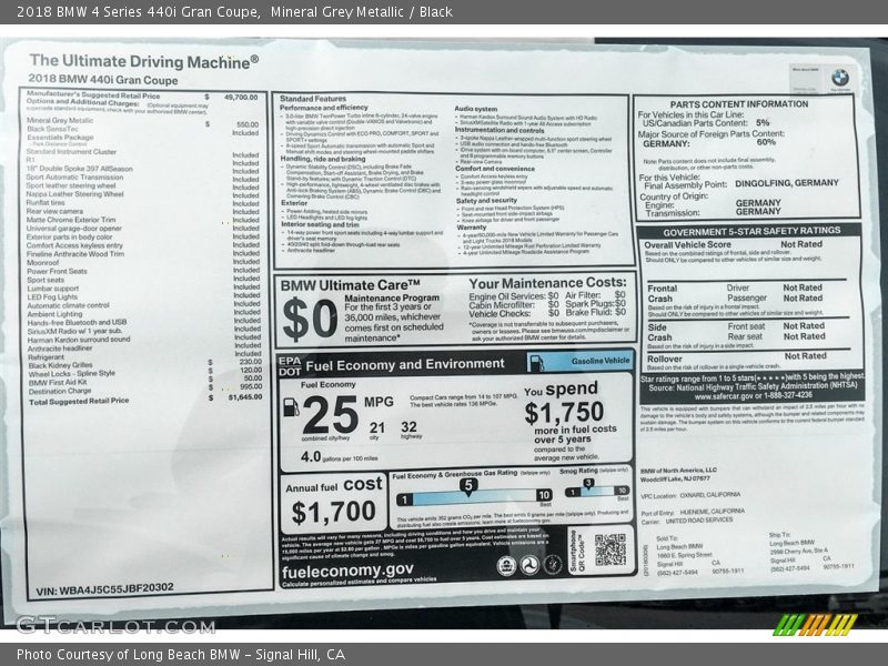 Mineral Grey Metallic / Black 2018 BMW 4 Series 440i Gran Coupe