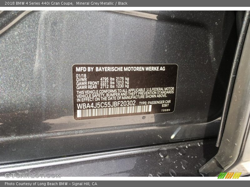 Mineral Grey Metallic / Black 2018 BMW 4 Series 440i Gran Coupe