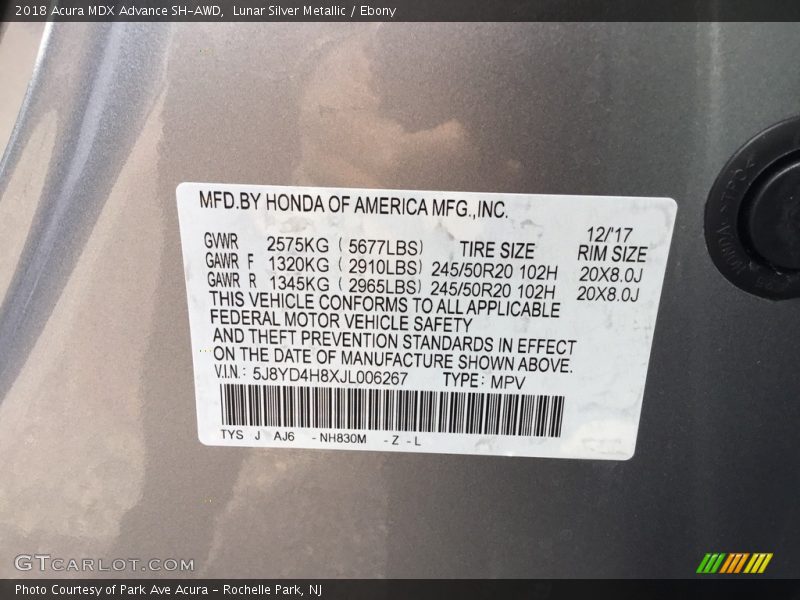 2018 MDX Advance SH-AWD Lunar Silver Metallic Color Code NH830M