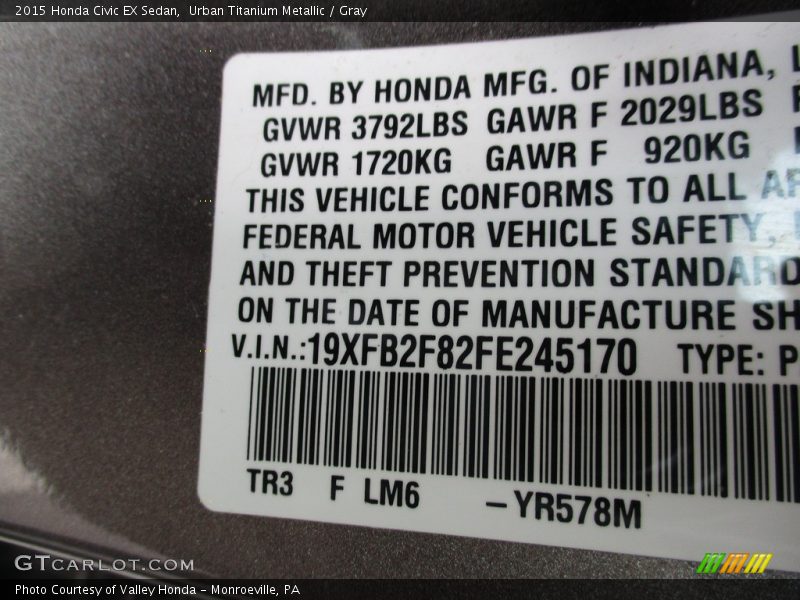 Urban Titanium Metallic / Gray 2015 Honda Civic EX Sedan