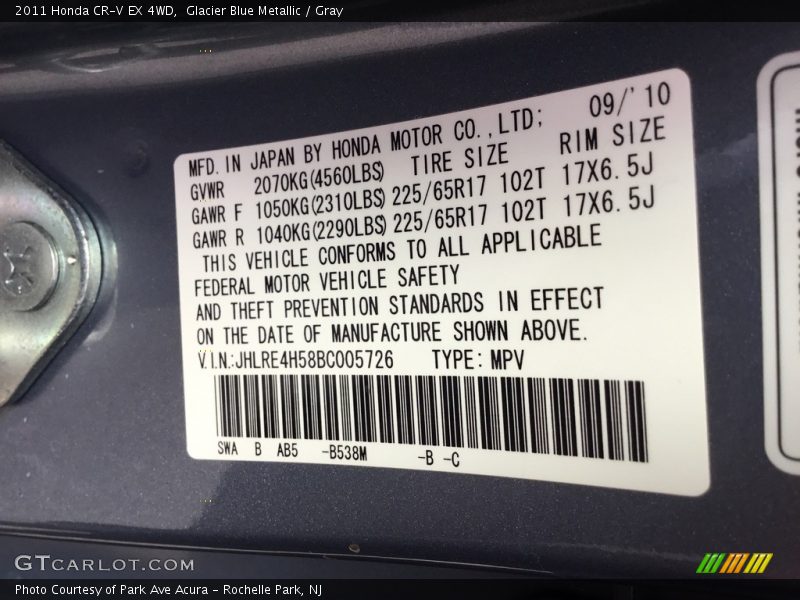 Glacier Blue Metallic / Gray 2011 Honda CR-V EX 4WD