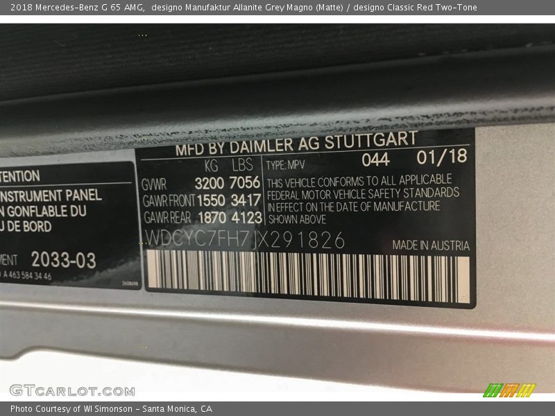 2018 G 65 AMG designo Manufaktur Allanite Grey Magno (Matte) Color Code 044
