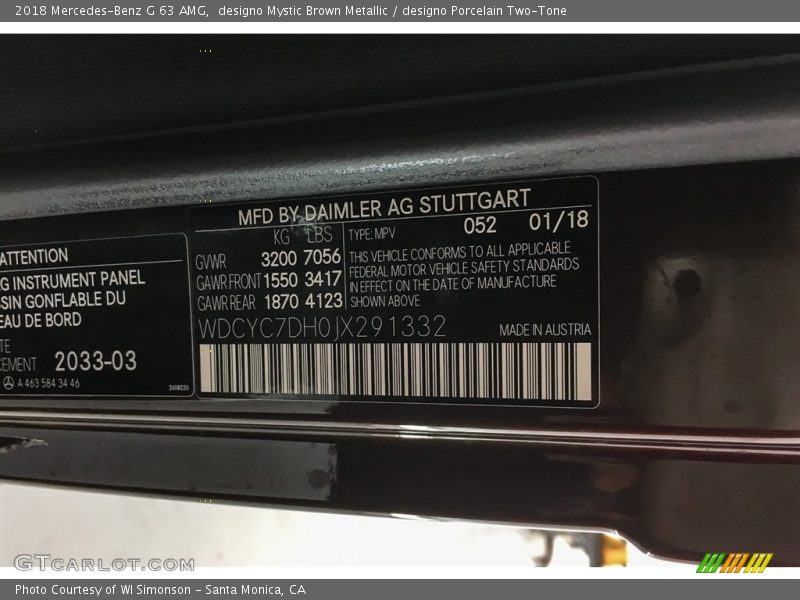 2018 G 63 AMG designo Mystic Brown Metallic Color Code 052