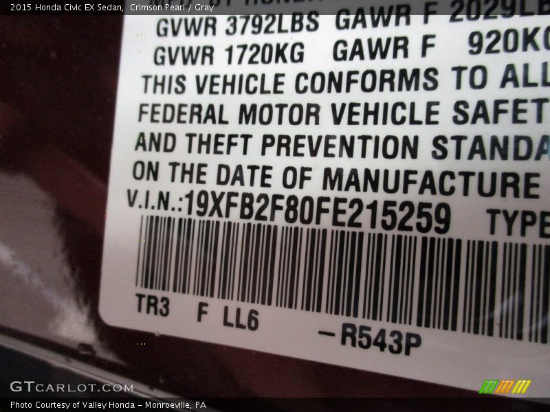 Crimson Pearl / Gray 2015 Honda Civic EX Sedan