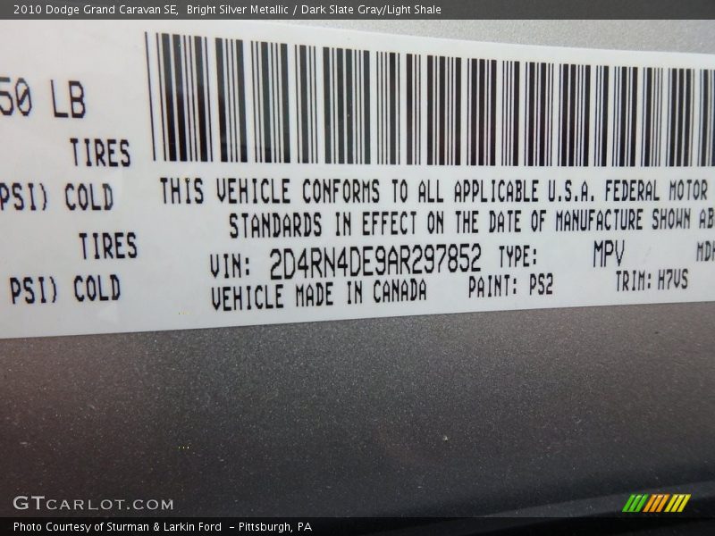 Bright Silver Metallic / Dark Slate Gray/Light Shale 2010 Dodge Grand Caravan SE