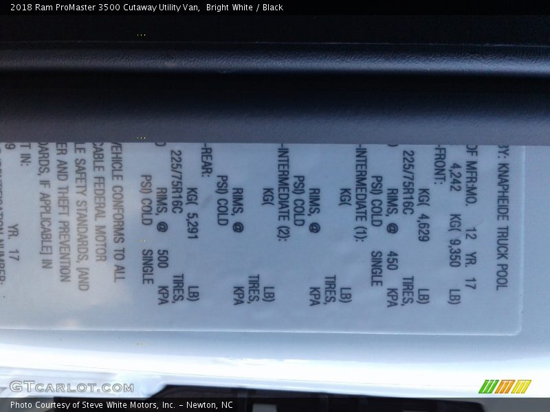 Info Tag of 2018 ProMaster 3500 Cutaway Utility Van