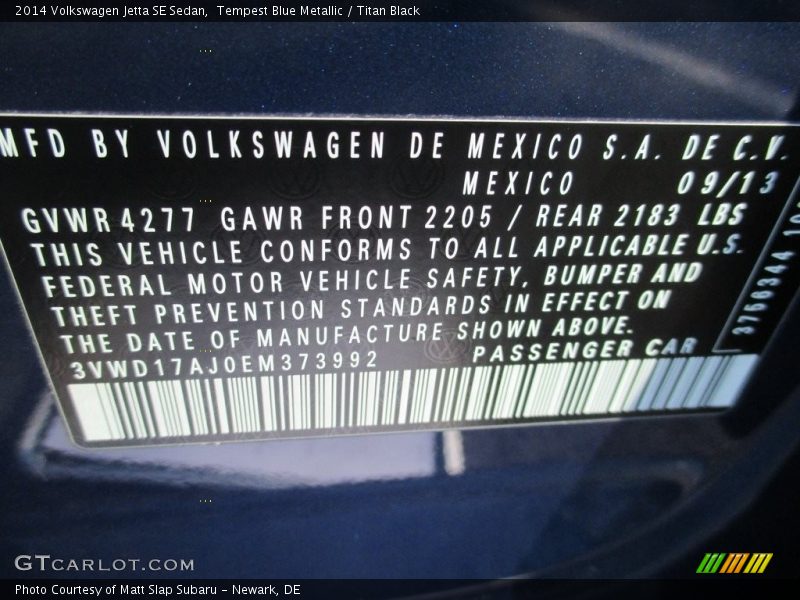 Tempest Blue Metallic / Titan Black 2014 Volkswagen Jetta SE Sedan
