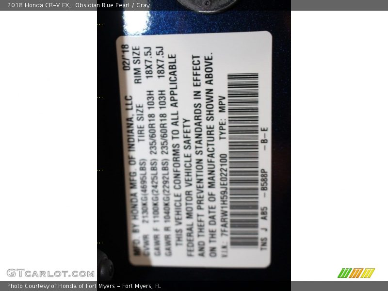 Obsidian Blue Pearl / Gray 2018 Honda CR-V EX