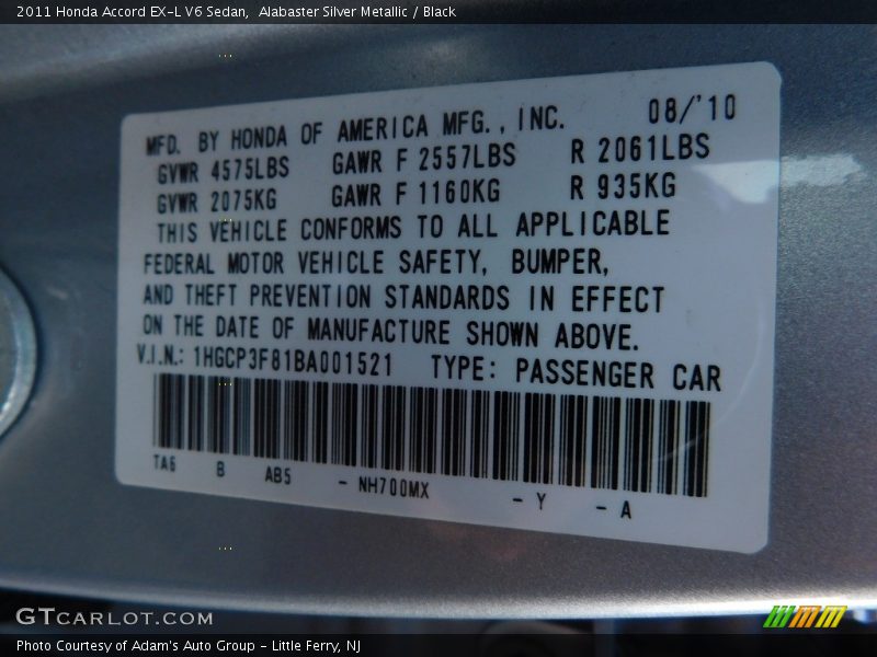 Alabaster Silver Metallic / Black 2011 Honda Accord EX-L V6 Sedan