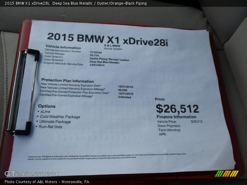 Deep Sea Blue Metallic / Oyster/Orange-Black Piping 2015 BMW X1 xDrive28i