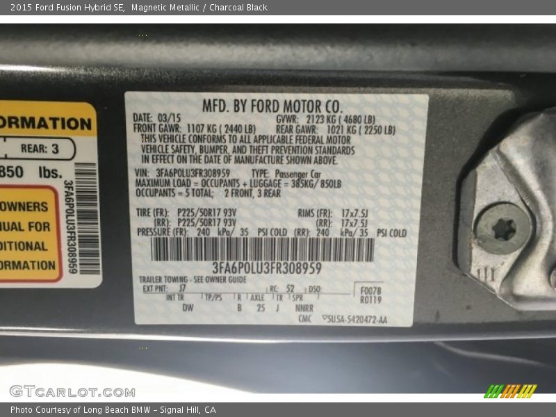 Magnetic Metallic / Charcoal Black 2015 Ford Fusion Hybrid SE