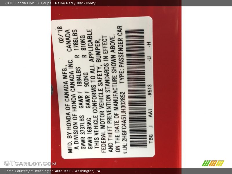 Rallye Red / Black/Ivory 2018 Honda Civic LX Coupe