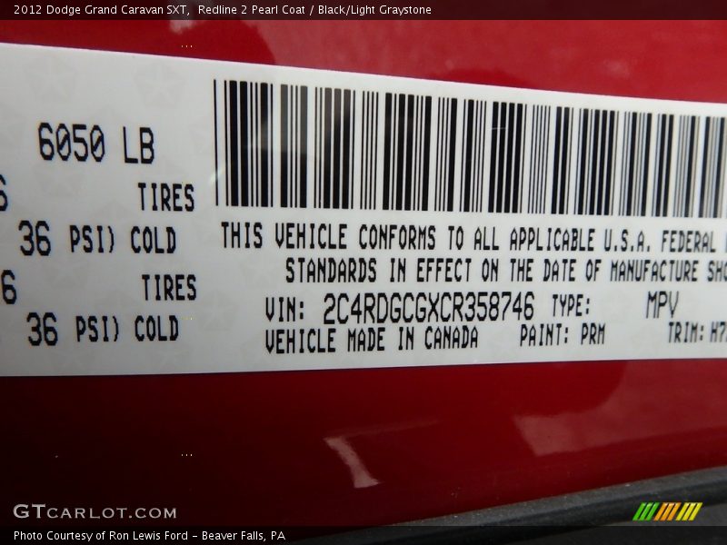 Redline 2 Pearl Coat / Black/Light Graystone 2012 Dodge Grand Caravan SXT