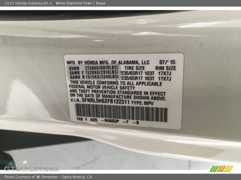 White Diamond Pearl / Beige 2015 Honda Odyssey EX-L