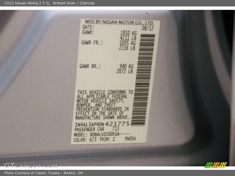 Brilliant Silver / Charcoal 2013 Nissan Altima 2.5 SL