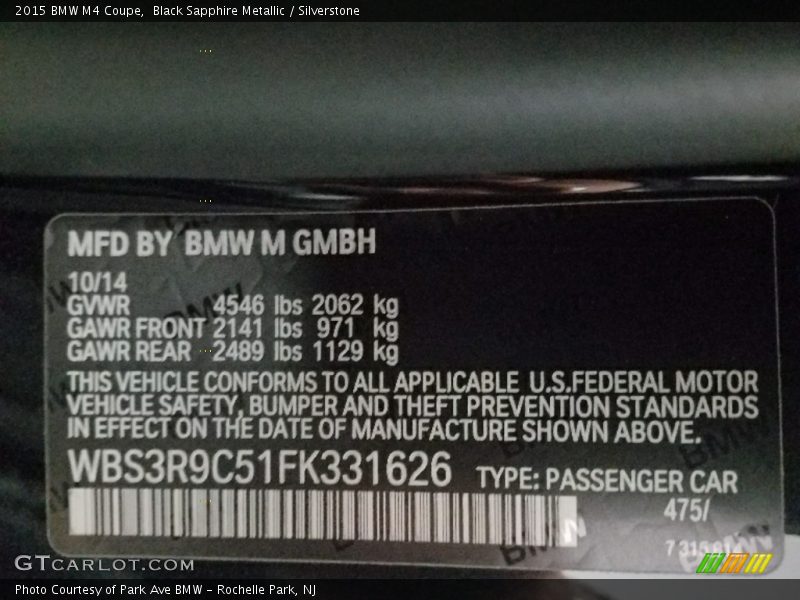 Black Sapphire Metallic / Silverstone 2015 BMW M4 Coupe