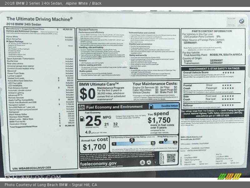 Alpine White / Black 2018 BMW 3 Series 340i Sedan