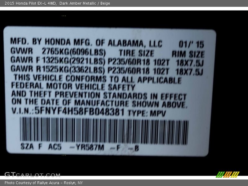 Dark Amber Metallic / Beige 2015 Honda Pilot EX-L 4WD