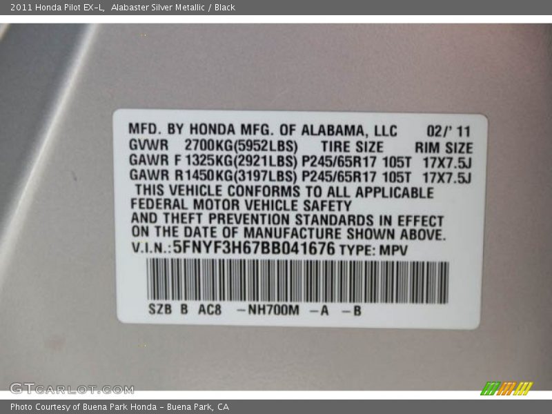 Alabaster Silver Metallic / Black 2011 Honda Pilot EX-L