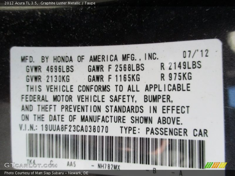 Graphite Luster Metallic / Taupe 2012 Acura TL 3.5