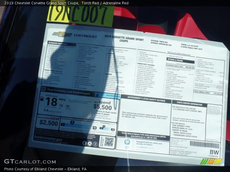  2019 Corvette Grand Sport Coupe Window Sticker