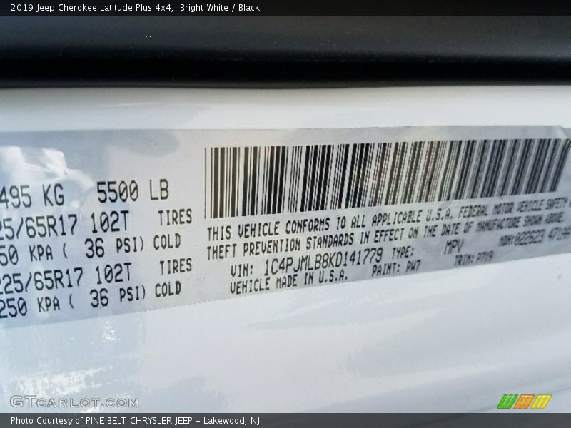 2019 Cherokee Latitude Plus 4x4 Bright White Color Code PW7