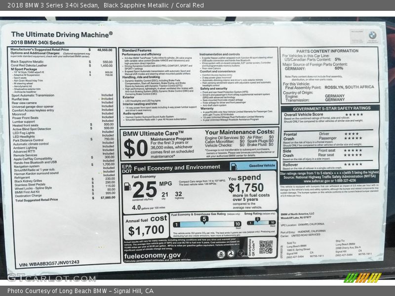 Black Sapphire Metallic / Coral Red 2018 BMW 3 Series 340i Sedan