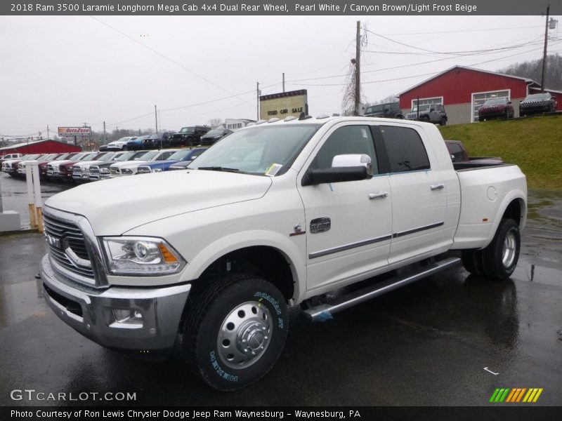Pearl White / Canyon Brown/Light Frost Beige 2018 Ram 3500 Laramie Longhorn Mega Cab 4x4 Dual Rear Wheel