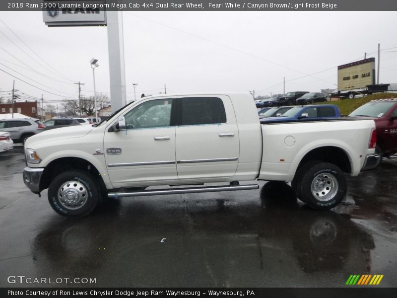 Pearl White / Canyon Brown/Light Frost Beige 2018 Ram 3500 Laramie Longhorn Mega Cab 4x4 Dual Rear Wheel