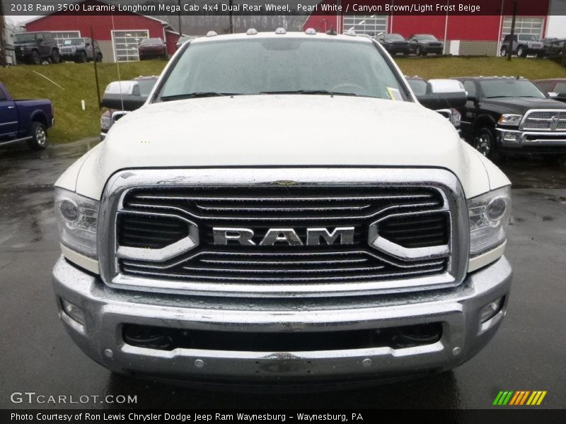 Pearl White / Canyon Brown/Light Frost Beige 2018 Ram 3500 Laramie Longhorn Mega Cab 4x4 Dual Rear Wheel