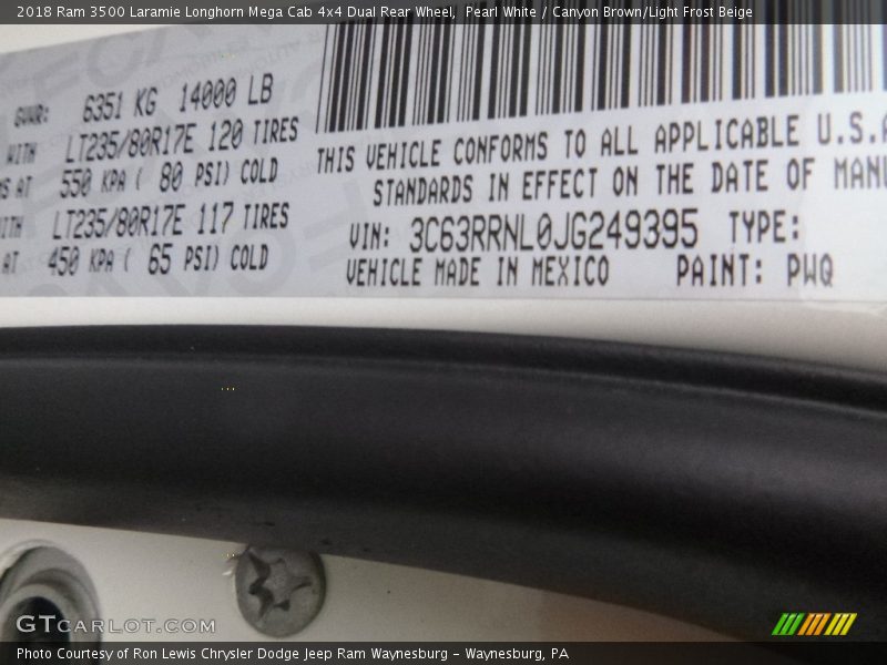 Pearl White / Canyon Brown/Light Frost Beige 2018 Ram 3500 Laramie Longhorn Mega Cab 4x4 Dual Rear Wheel