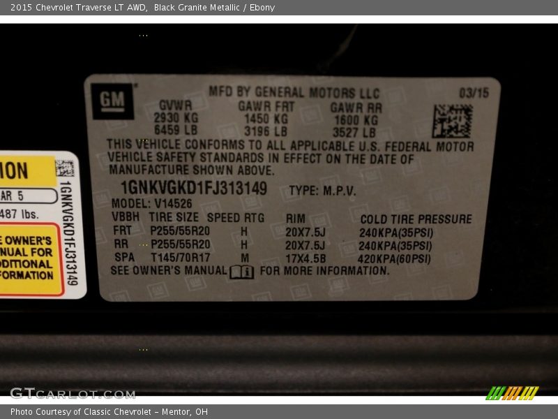 Black Granite Metallic / Ebony 2015 Chevrolet Traverse LT AWD