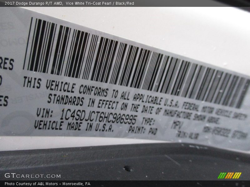 Vice White Tri-Coat Pearl / Black/Red 2017 Dodge Durango R/T AWD