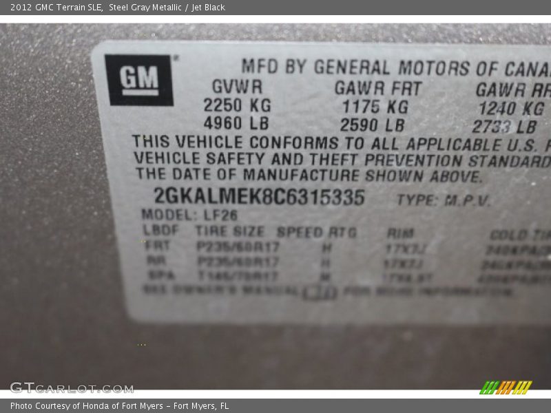 Steel Gray Metallic / Jet Black 2012 GMC Terrain SLE
