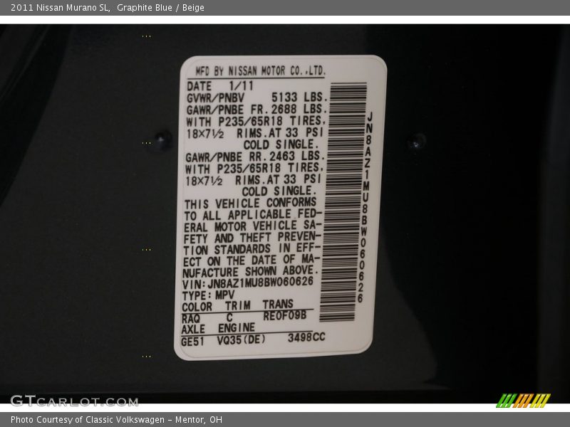 Graphite Blue / Beige 2011 Nissan Murano SL