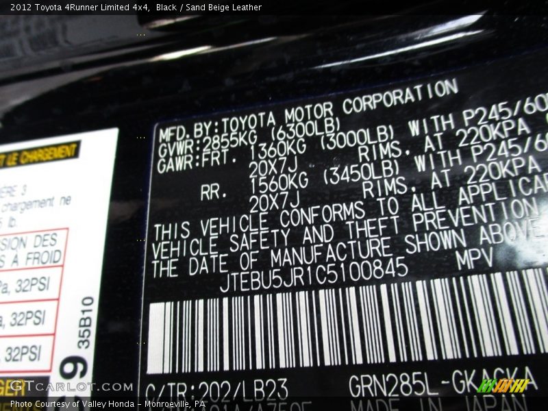 Black / Sand Beige Leather 2012 Toyota 4Runner Limited 4x4