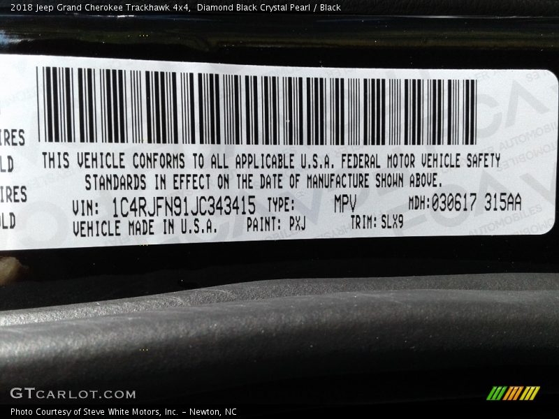 2018 Grand Cherokee Trackhawk 4x4 Diamond Black Crystal Pearl Color Code PXJ