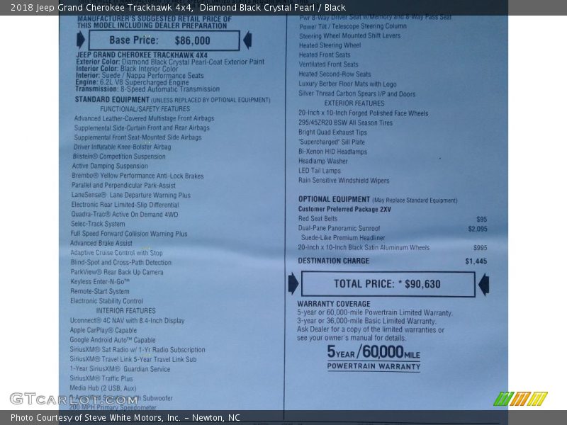  2018 Grand Cherokee Trackhawk 4x4 Window Sticker