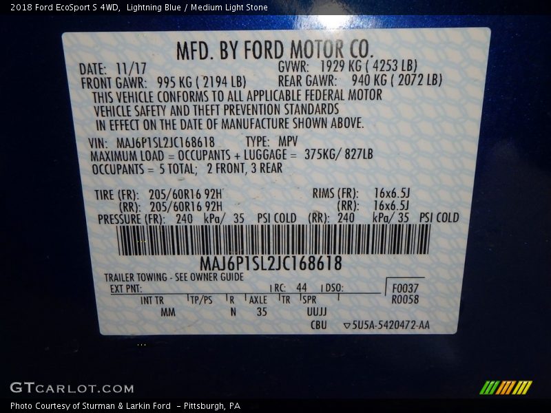 Lightning Blue / Medium Light Stone 2018 Ford EcoSport S 4WD