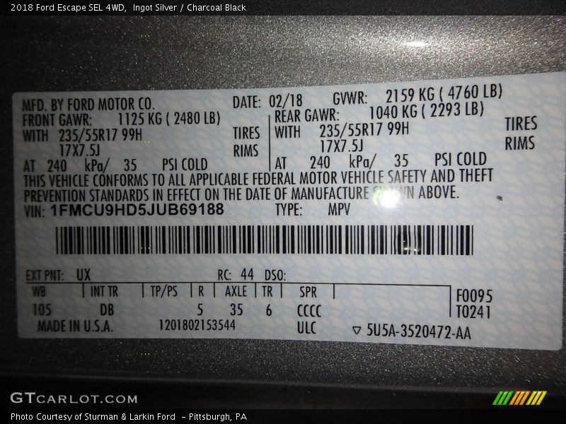 Ingot Silver / Charcoal Black 2018 Ford Escape SEL 4WD