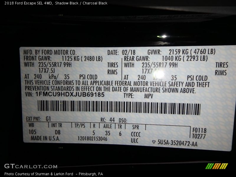 Shadow Black / Charcoal Black 2018 Ford Escape SEL 4WD