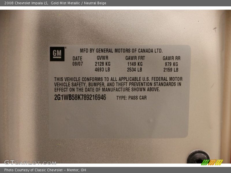 Gold Mist Metallic / Neutral Beige 2008 Chevrolet Impala LS
