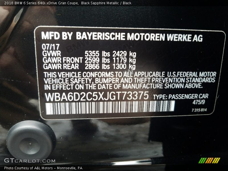 2018 6 Series 640i xDrive Gran Coupe Black Sapphire Metallic Color Code 475