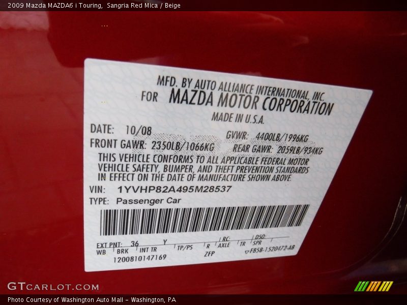 Sangria Red Mica / Beige 2009 Mazda MAZDA6 i Touring