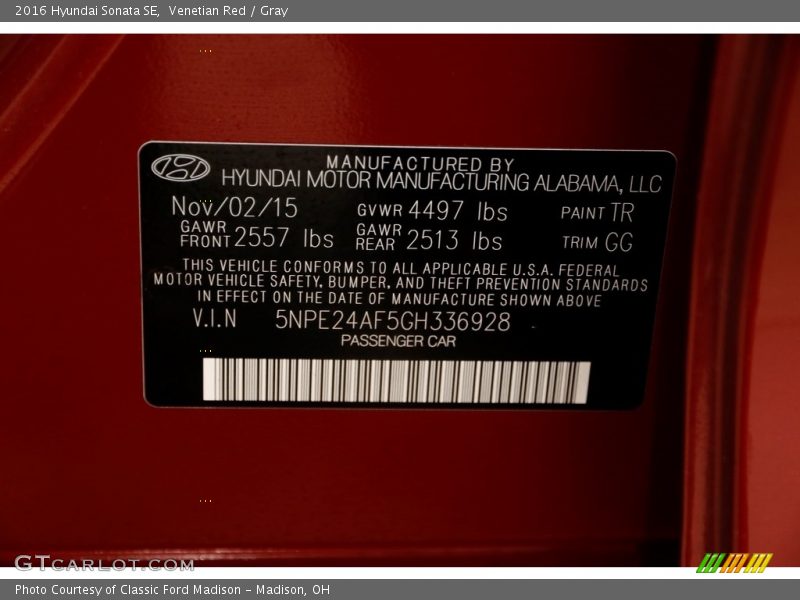 Venetian Red / Gray 2016 Hyundai Sonata SE