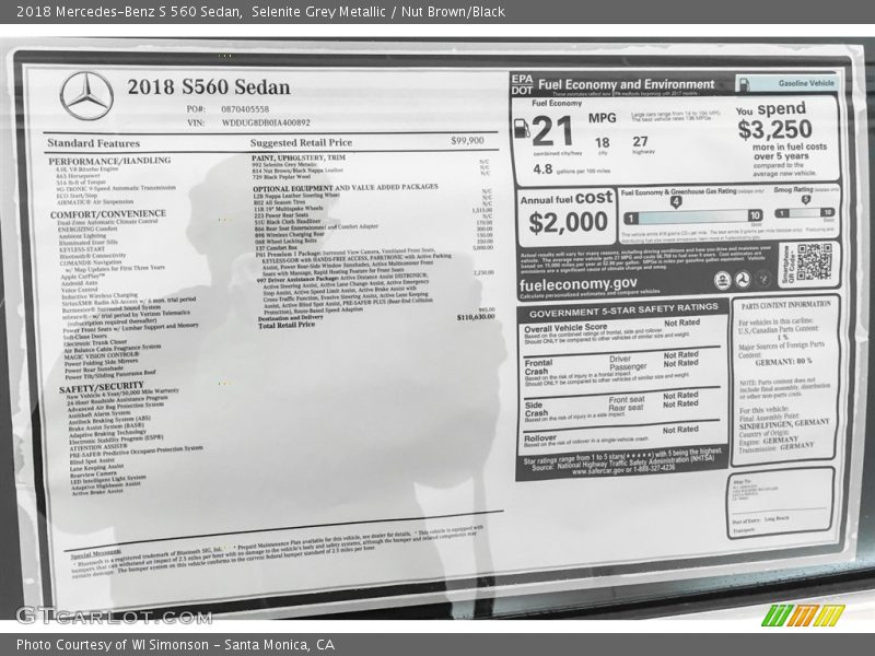 Selenite Grey Metallic / Nut Brown/Black 2018 Mercedes-Benz S 560 Sedan