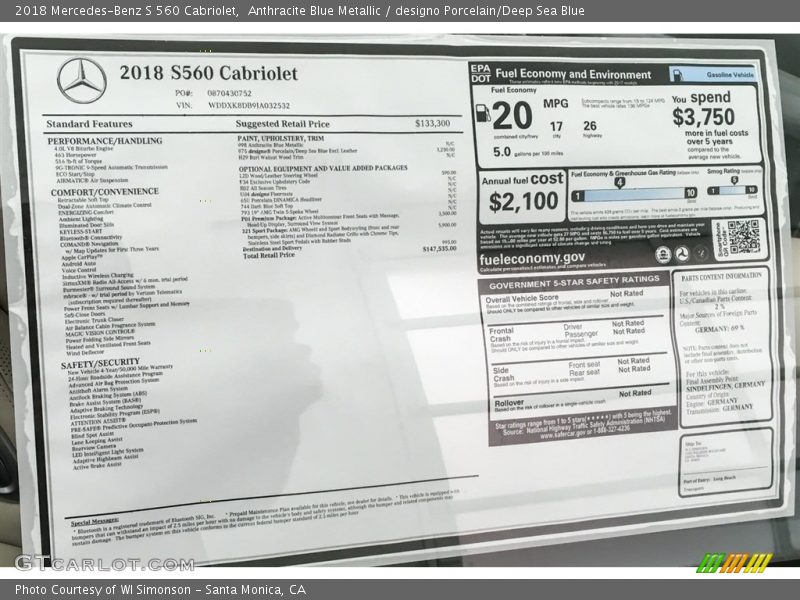 2018 S 560 Cabriolet Window Sticker