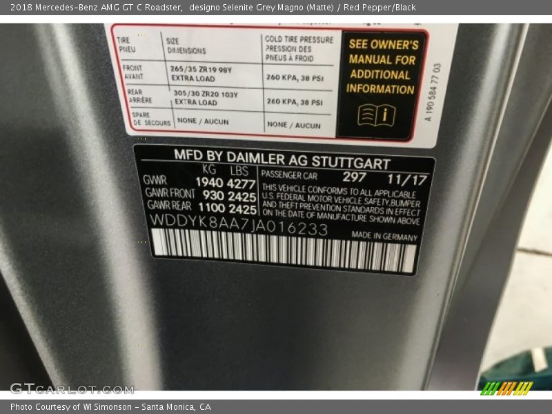 2018 AMG GT C Roadster designo Selenite Grey Magno (Matte) Color Code 297
