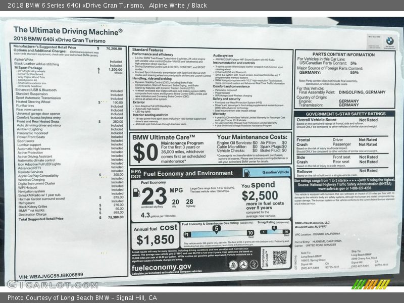  2018 6 Series 640i xDrive Gran Turismo Window Sticker