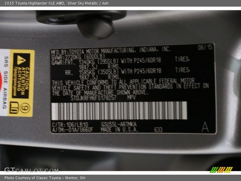 Silver Sky Metallic / Ash 2015 Toyota Highlander XLE AWD